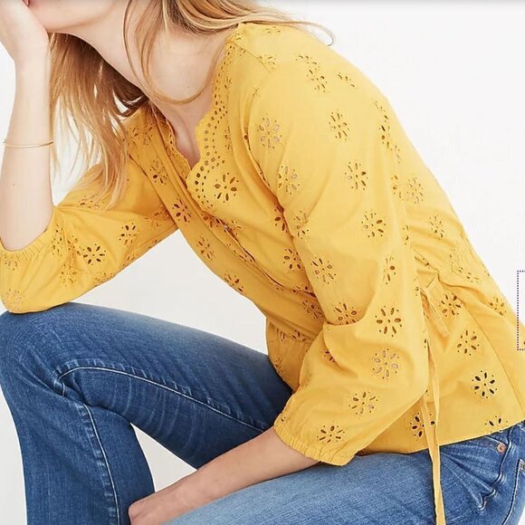 MADEWELL Scalloped Eyelet Wrap Top Blouse M Golden Yello - Picture 1 of 9